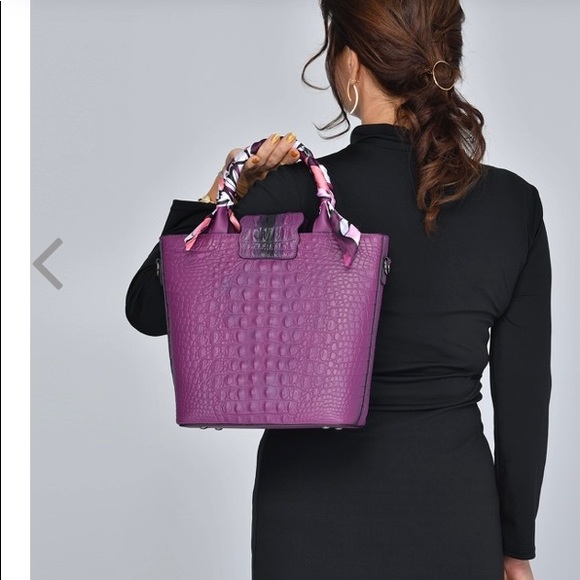 NEW Genuine Leather Purple Embossed Crocodile Tote Bag with Shoulder Strap - Picture 2 of 7